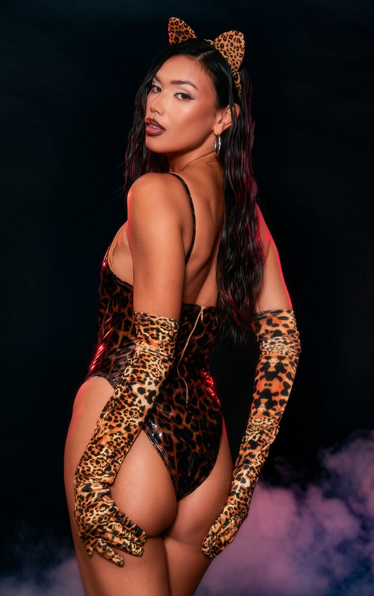 Next Day Delivery Before 10 pm Leopard Vinyl Bodysuit Fancy Dress Costume And Ears