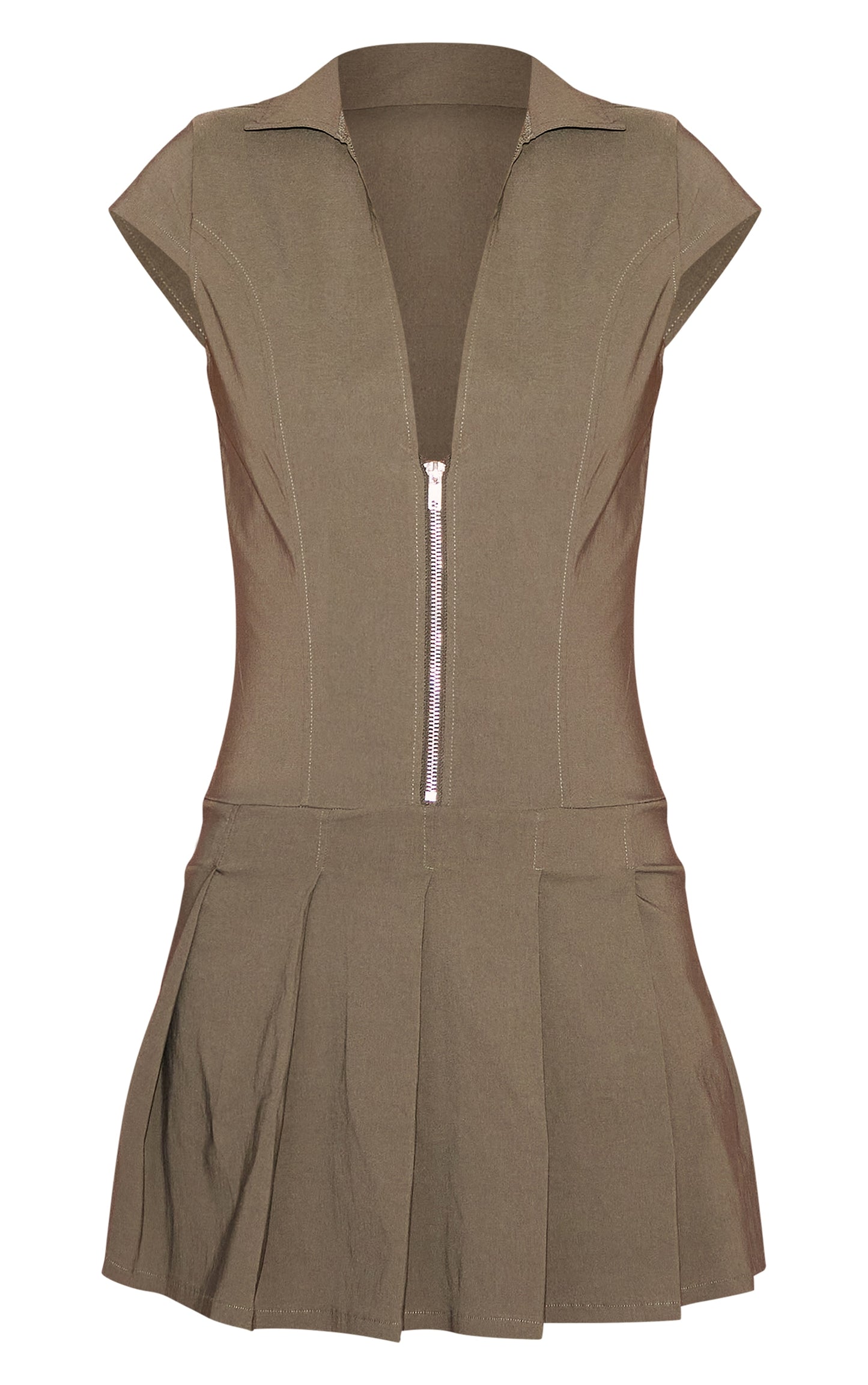Khaki Zip Up Pleated Shift Dress