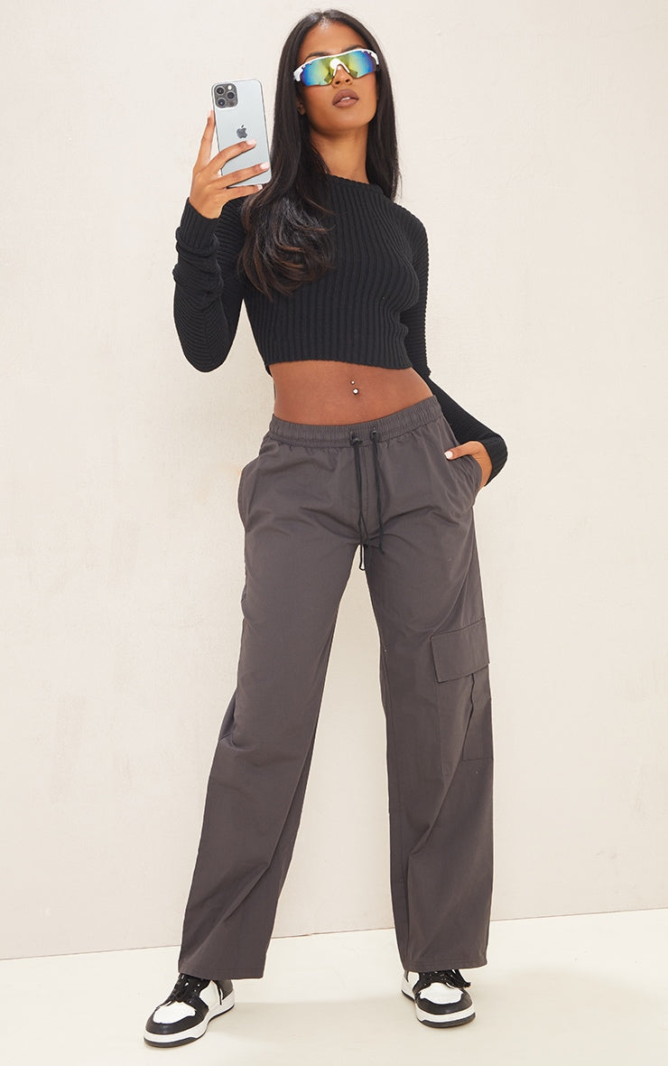 Next Day Delivery Before 10 PM Tall Grey Cropped Rib Knit Longsleeve Jumper