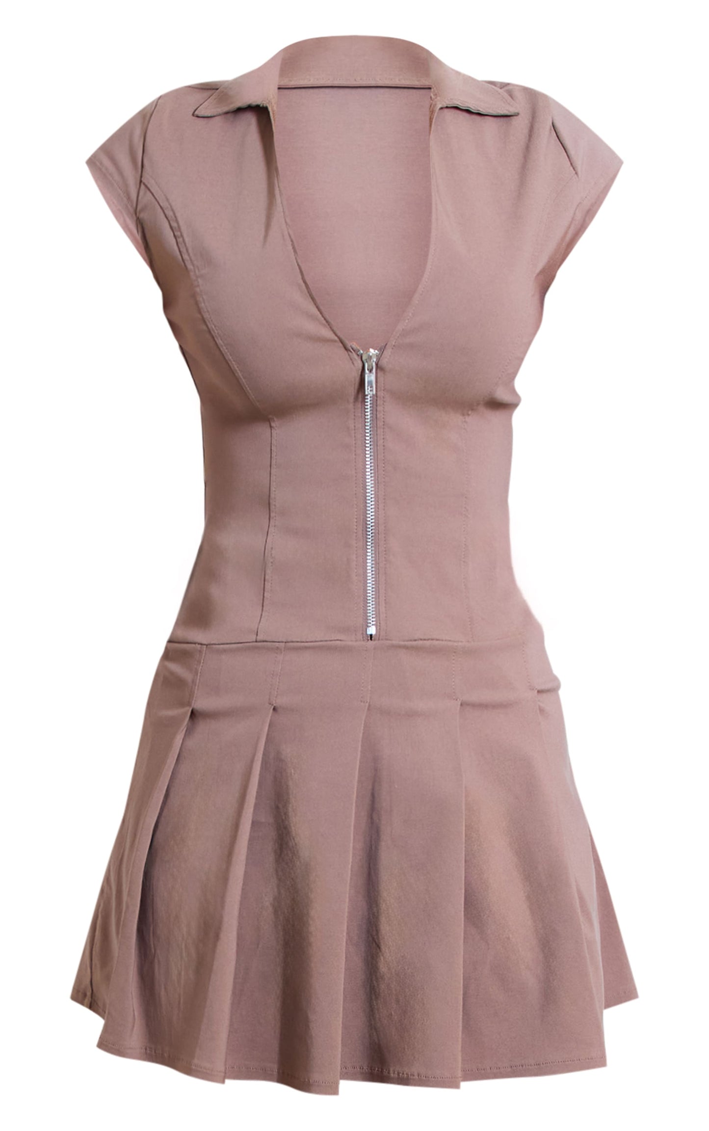 Khaki Zip Up Pleated Shift Dress