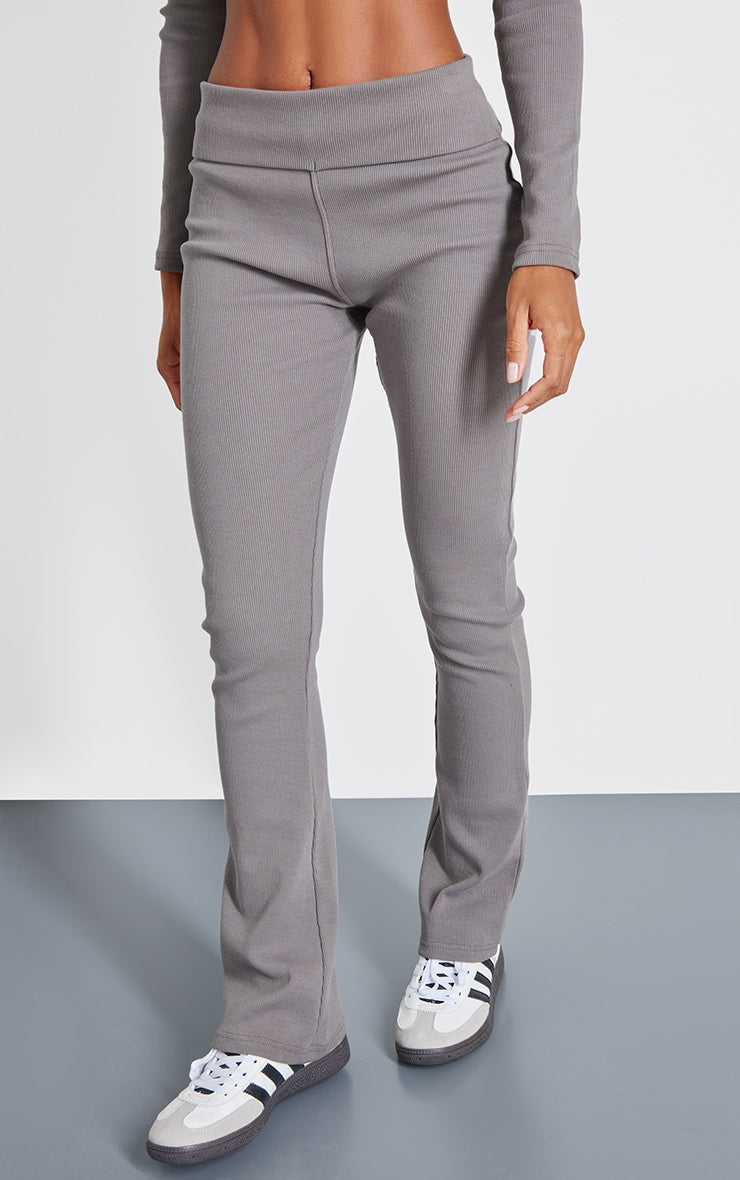 Charcoal Rib Fold Over Waist Flared Trousers Next Day Delivery