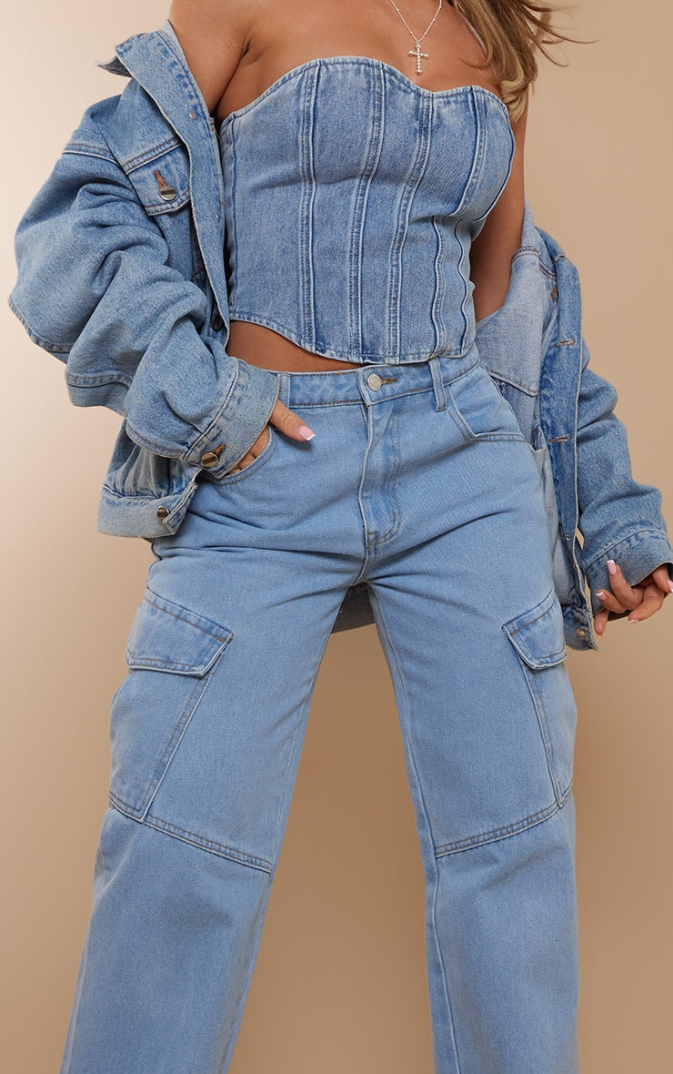 Light Blue Wash Slim Fit Cargo Pocket Boyfriend Jeans Next Day Delivery Before 10 pm