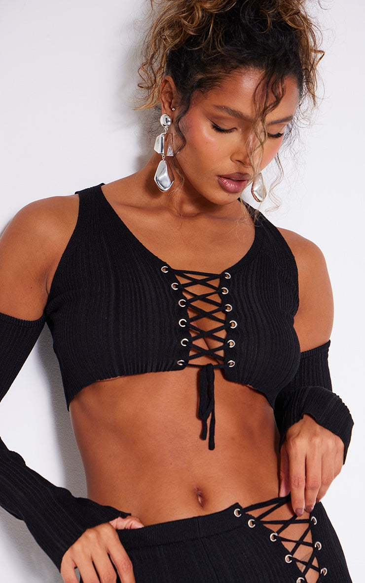 Black Textured Rib Knit Lace Up High Waist Flared Trousers Next Day Delivery Before 10 pm