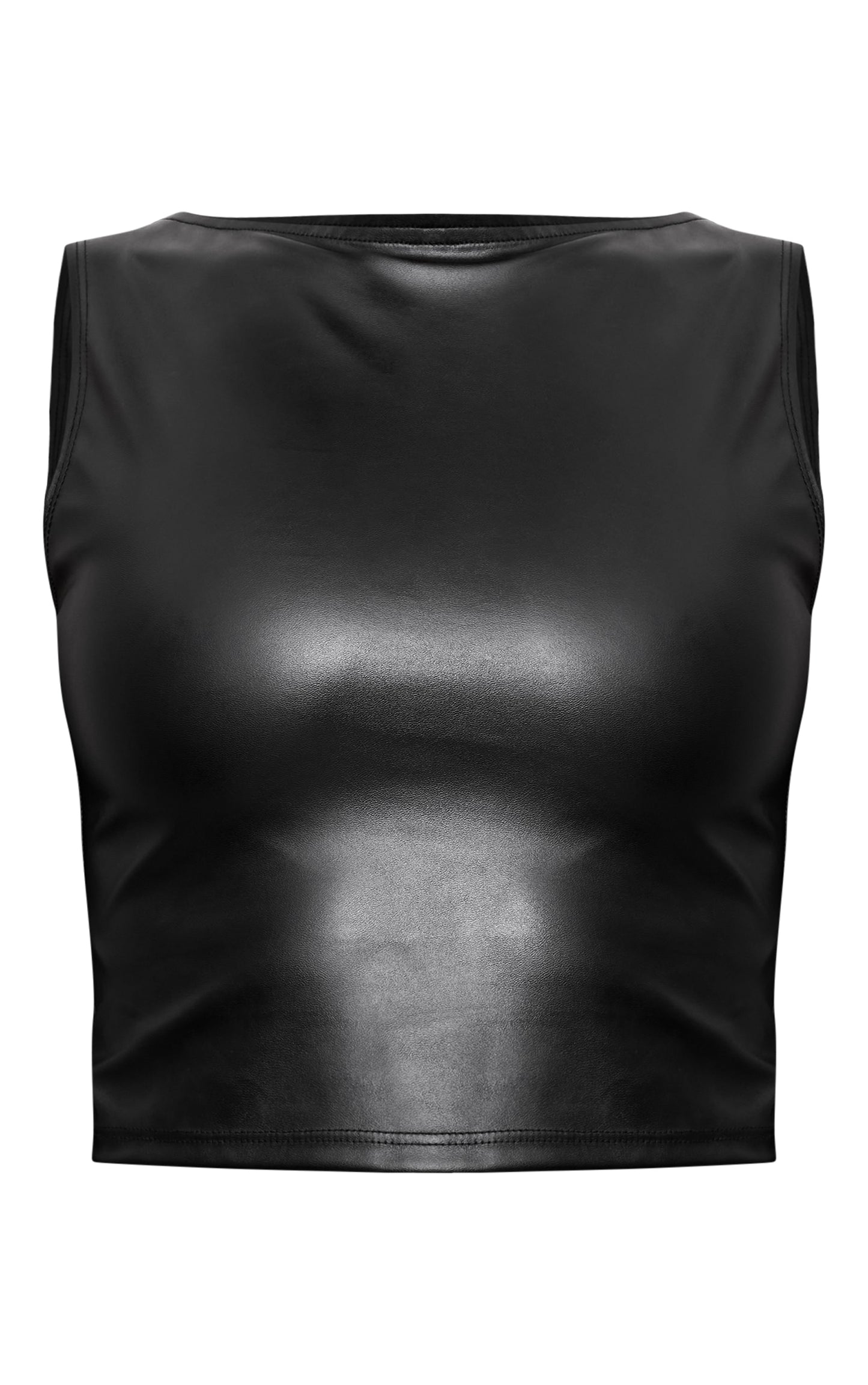 Black Boatneck Faux Leather Long Top
