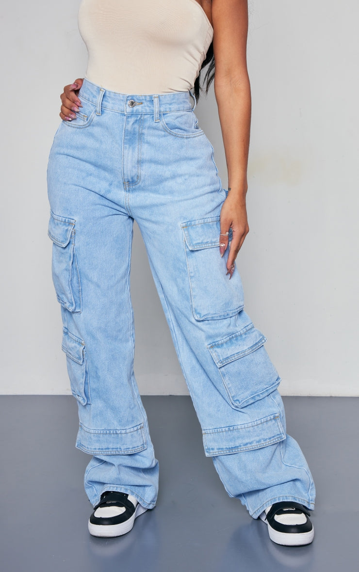 Next Day Delivery Before 10 pm Shape Light Blue Wash Pocket Wide Leg Cargo Jeans