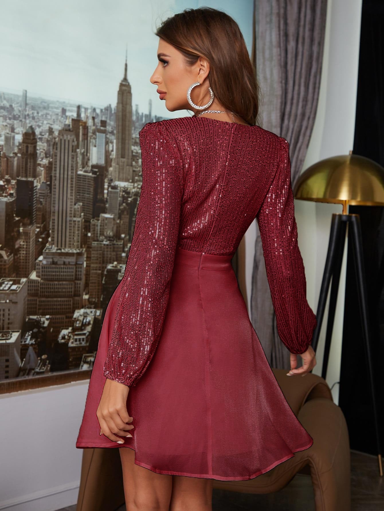 D&M Contrast Sequins Surplice Neck Dress
