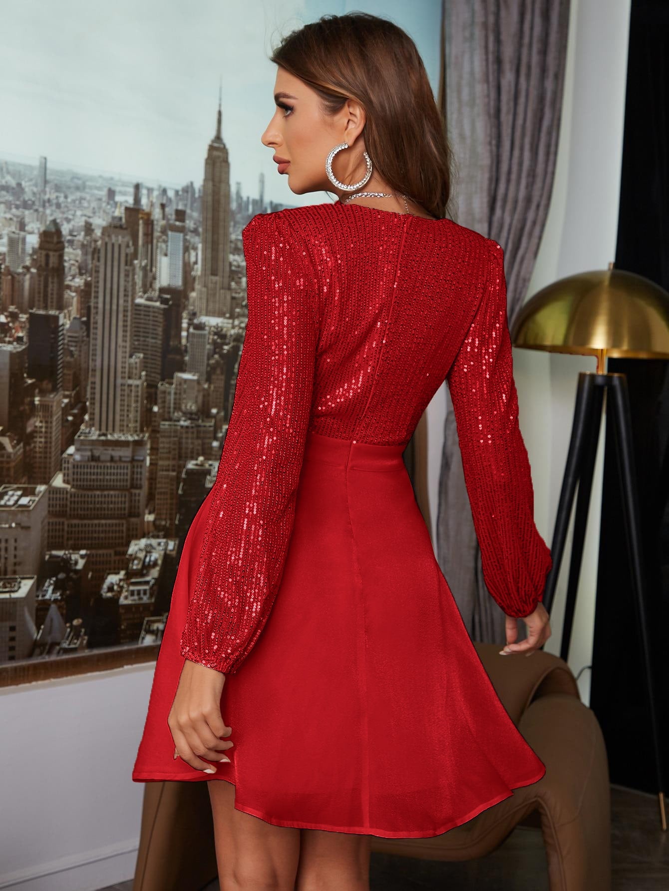 D&M Contrast Sequins Surplice Neck Dress