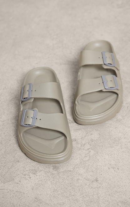 Next Day Delivery Before 10pm Taupe Rubberised Round Toe Buckle Flat Slider Sandals