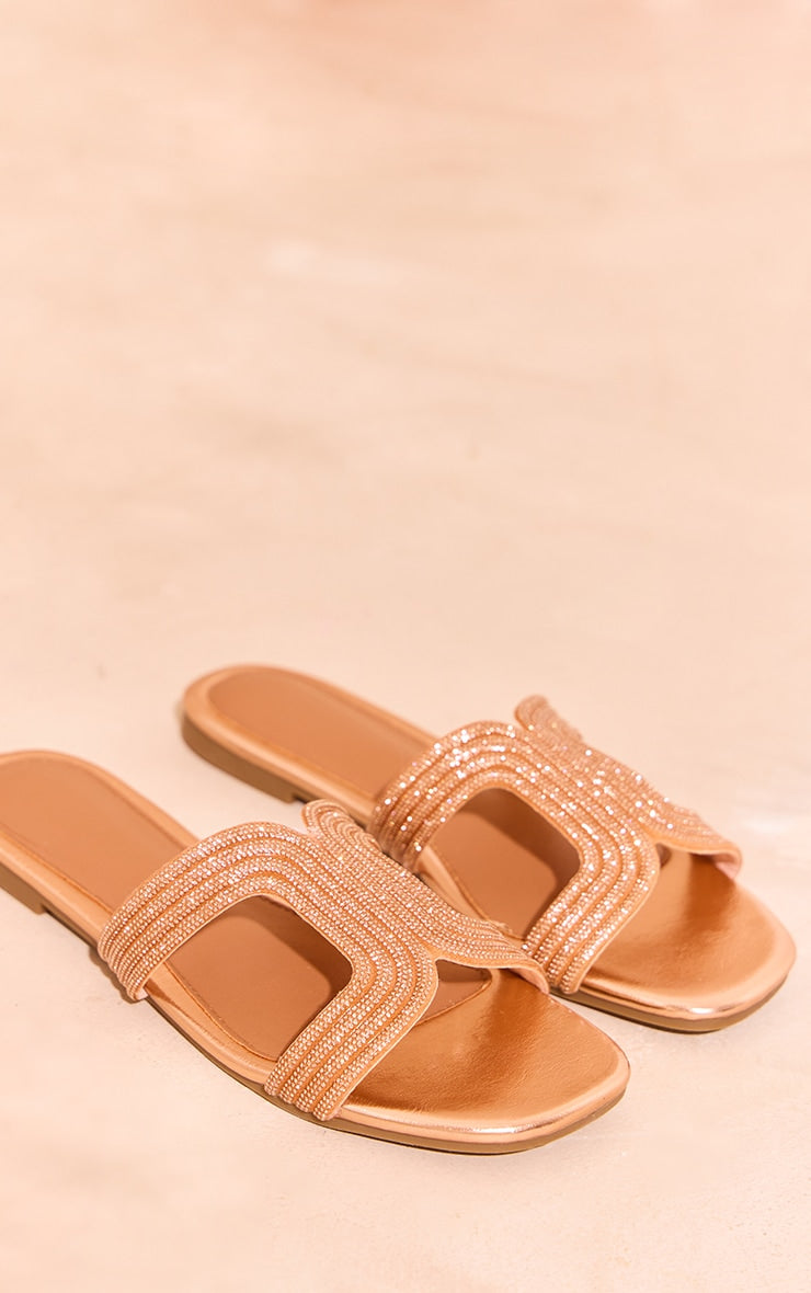 Next Day Delivery Before 10PM Rose Gold PU Round Toe Diamante Cross Strap Flat Sandals