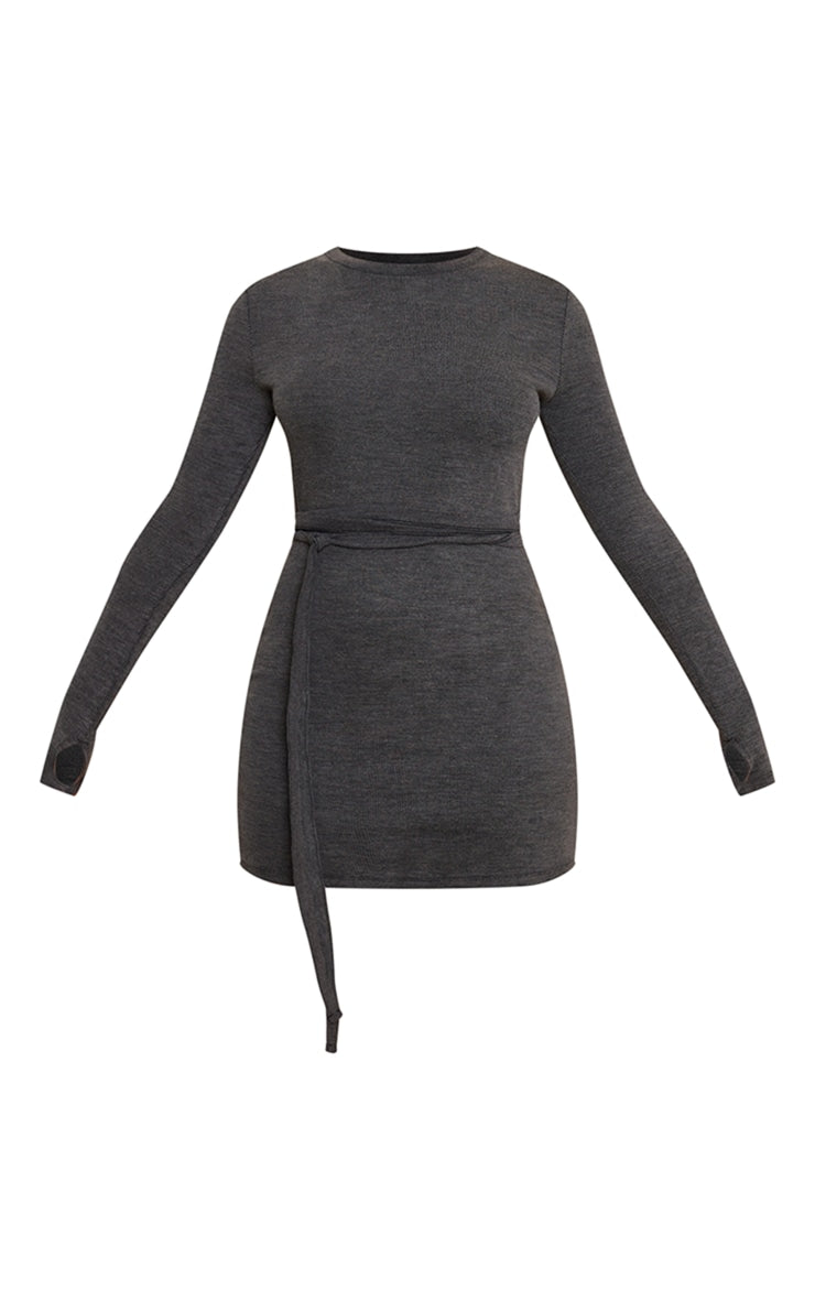 Charcoal Rib Wrap Tie Waist Bodycon Dress Next Day Delivery Before 10 pm