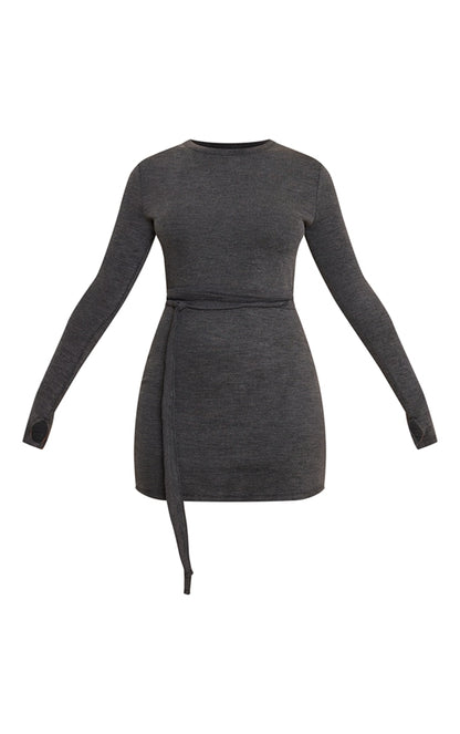 Charcoal Rib Wrap Tie Waist Bodycon Dress Next Day Delivery Before 10 pm