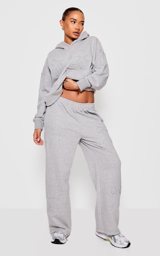 Petite Grey Marl Embossed Bow Detail Wide Leg Joggers Next Day Delivery 10 PM