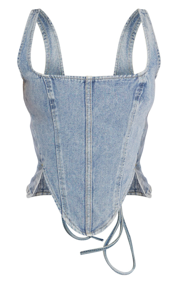 Next Day Delivery Before 10 PM Petite Light Grey Denim Lace Up Corset Top