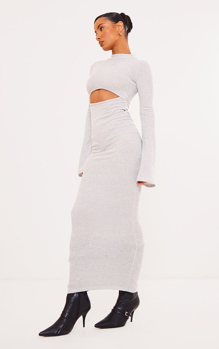 Grey Marl Rib High Neck Cut Out Flare Sleeve Maxi Dress Next Day Delivery Before 10 pm