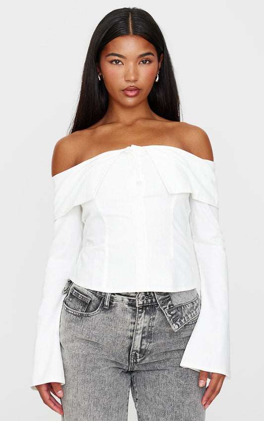 White Bardot Foldover Long Sleeve Top Next Day Before 10 PM