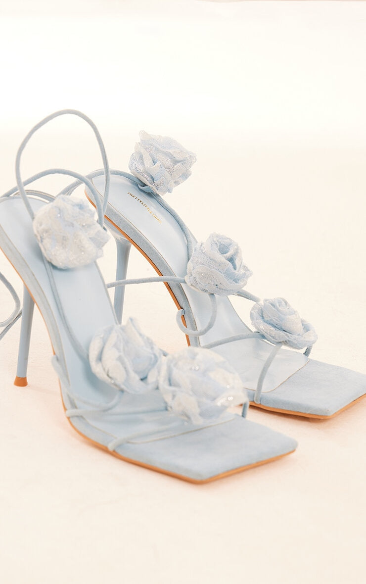 Next Day Delivery Before 10 PM Blue Faux Suede Corsage Lace-Up Sandals: Elegant High Heeled Footwear