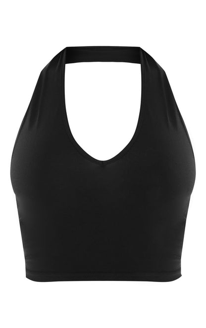 Next Day Delivery Before 10 PM Chic and Simple: Black Basic Cotton Blend Halterneck Crop Top