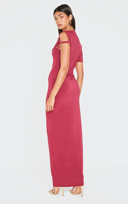 Burgundy Slinky Twist Shoulder Midaxi Dress