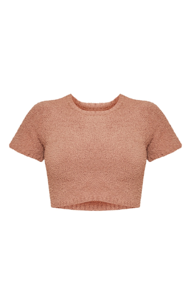 Brown Teddy Knit Short Sleeve Crop Top Next Day Delivery Before 10 pm