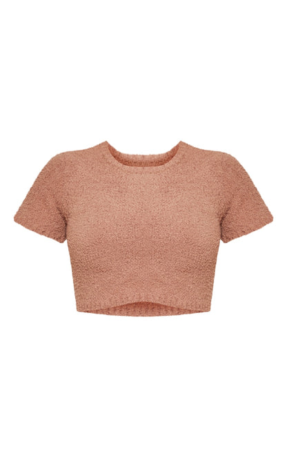 Brown Teddy Knit Short Sleeve Crop Top Next Day Delivery Before 10 pm