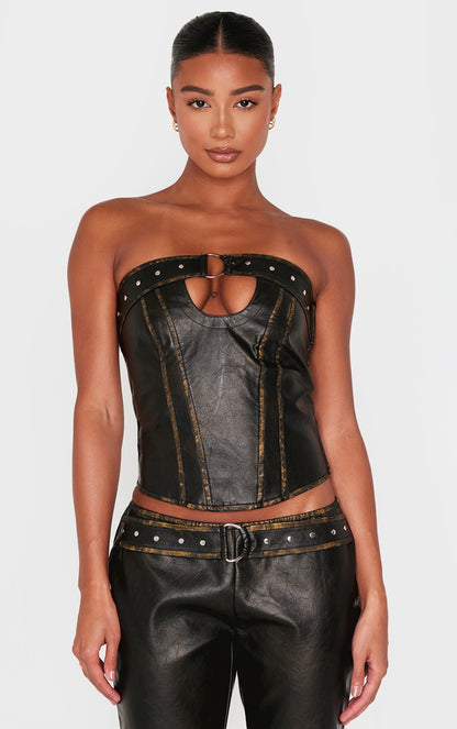 Brown Washed Faux Leather Belted Trim Corset Next Day Before 10PM