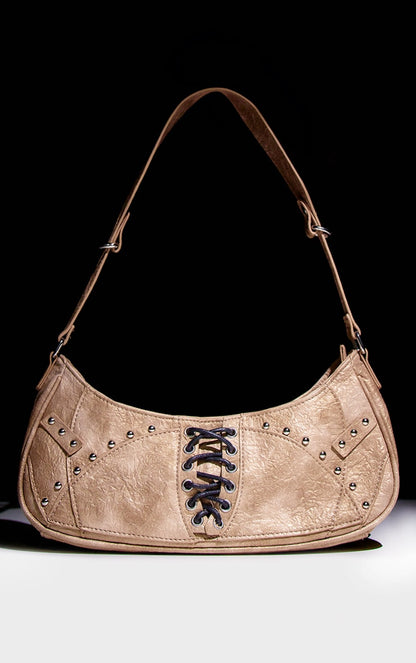 Next Day Delivery Before 10 PM Stylish and Chic: Khaki Lace-Up Studded Shoulder Bag