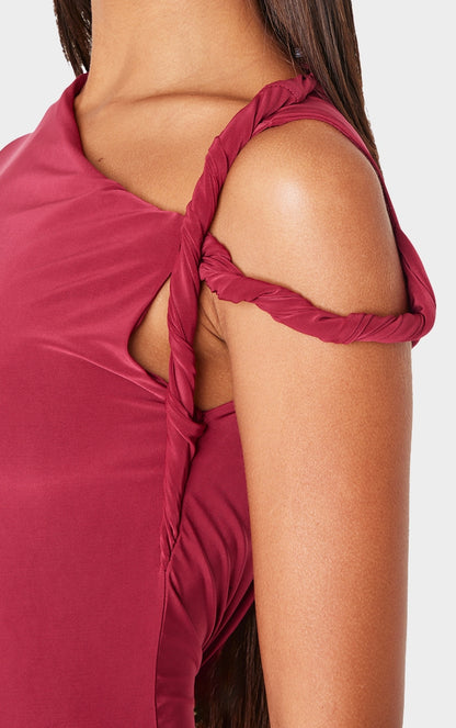 Burgundy Slinky Twist Shoulder Midaxi Dress