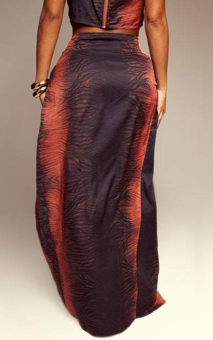 Next Day Delivery Before 10 PM Wild and Chic: Brown Zebra Printed Wrap Maxi Skirt