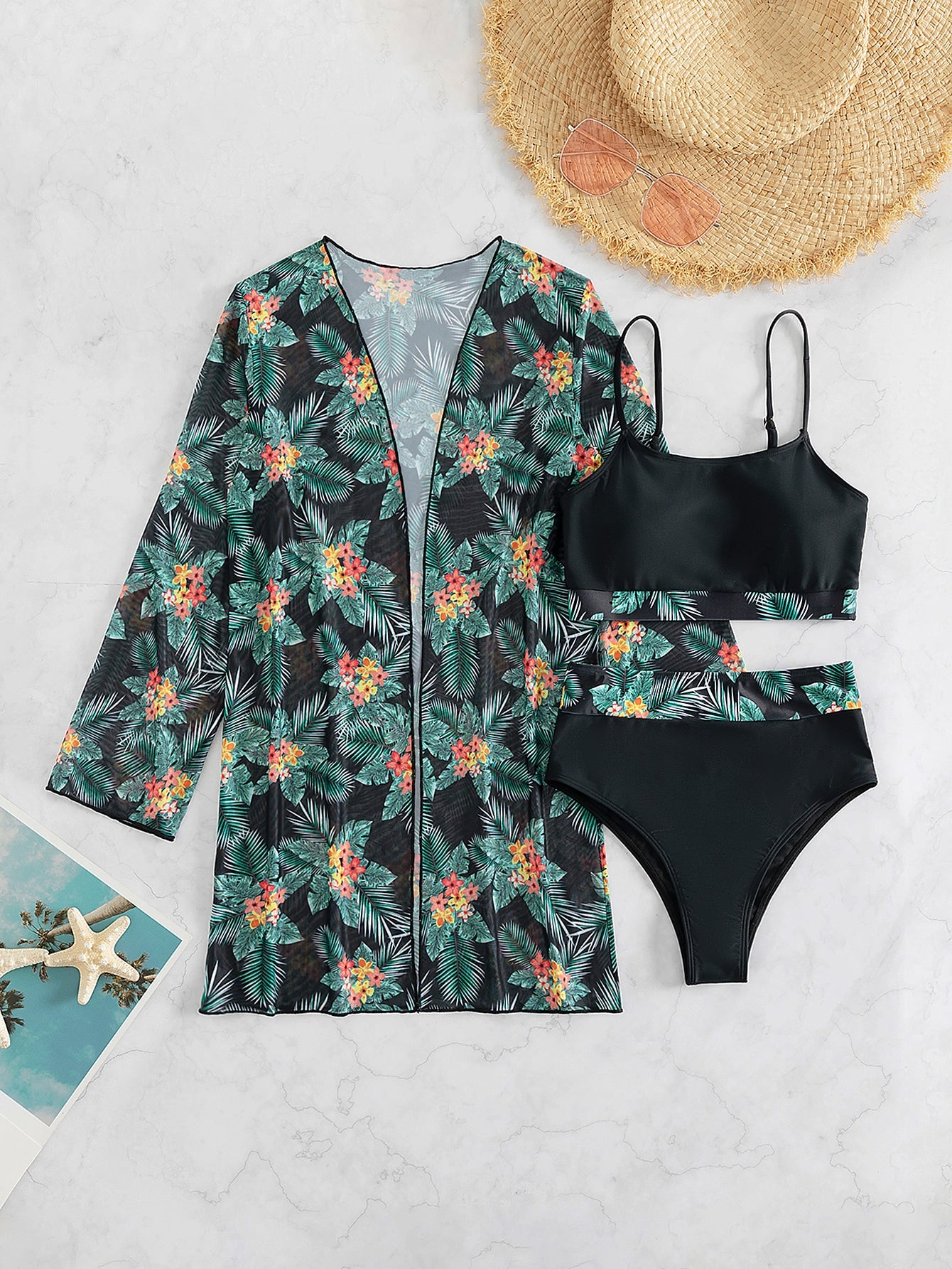 Summer Beach 3pack Random Tropical Print Bikini Swimsuit & Kimono