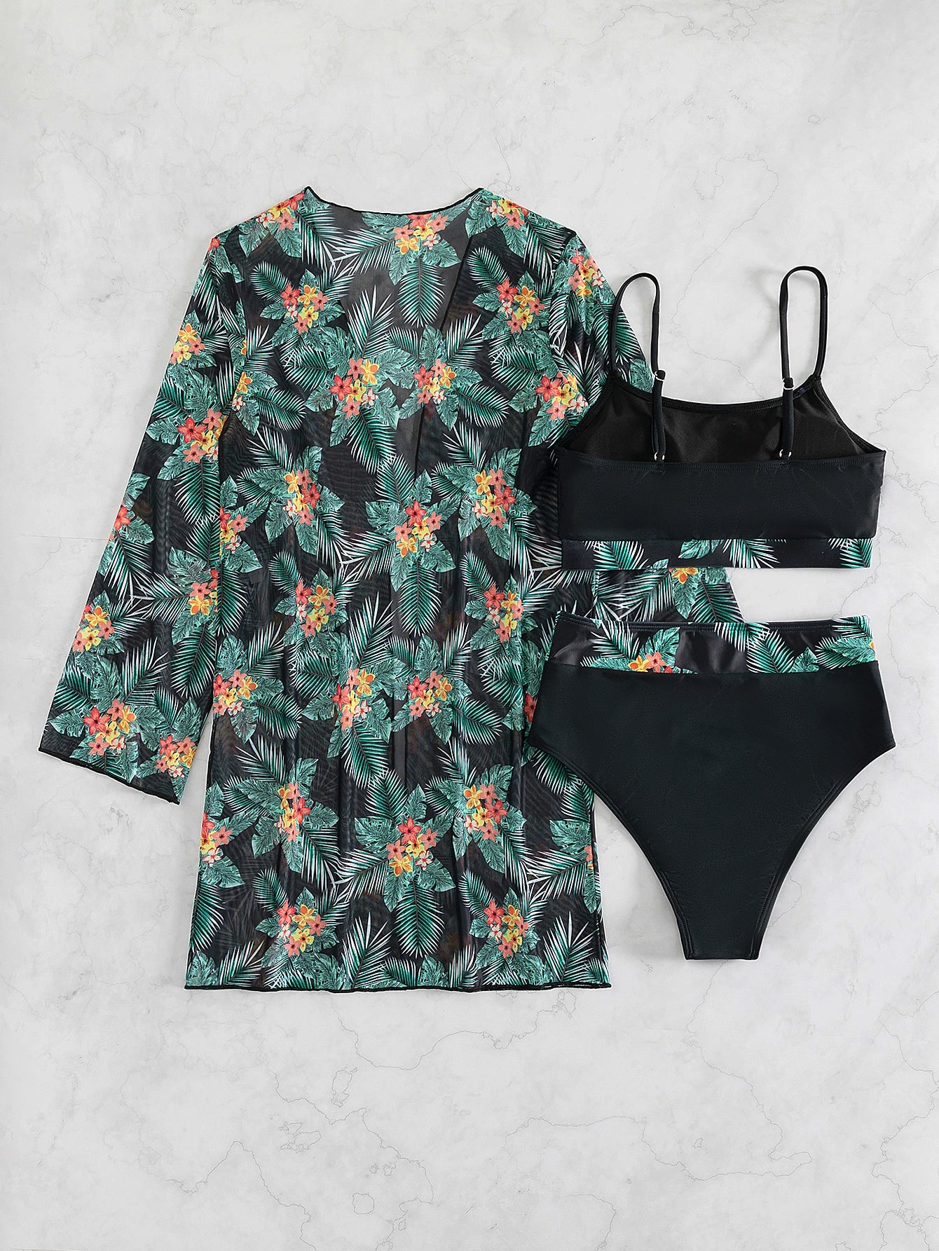 Summer Beach 3pack Random Tropical Print Bikini Swimsuit & Kimono