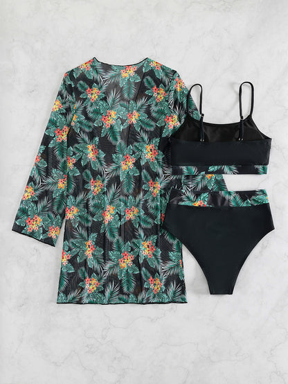 Summer Beach 3pack Random Tropical Print Bikini Swimsuit & Kimono