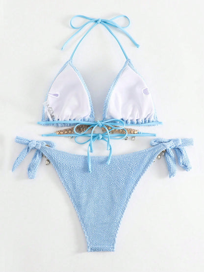 Swim Summer Beach Chain Linked Halter Triangle Bikini Swimsuit