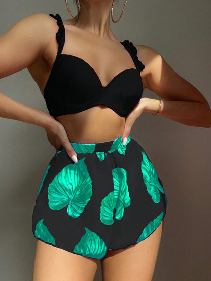 Swim Mod Summer Beach 3pack Leaf Print Push Up Bikini Swimsuit & Cover Up Shorts