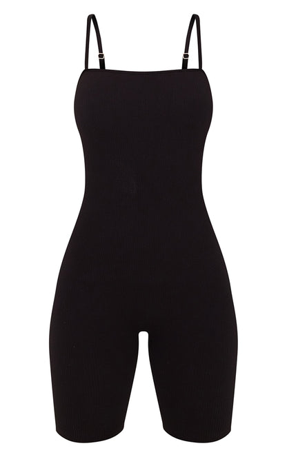 Next Day Delivery Before 10 PM Black Structured Contour Rib Straight Neck Unitard - The Ultimate Figure-Flattering Outfit