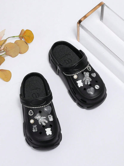 Fashionable Women's Hollow Out Black High-Heel Closed Toe Sandals With DIY Detachable Chain And Rhinestone Teddy Bear Decoration, Perfect For Beach Vacation, Summer Outings, Parties, Outdoor & Casual Activities