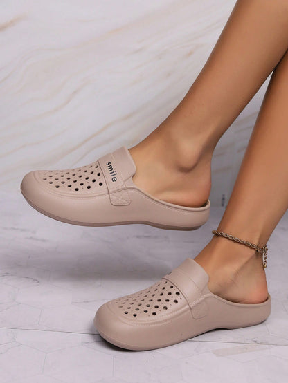 Women's Fashionable Casual EVA Flat Mules, Hollow Out Design With SMILE Pattern Decoration. Made Of One Piece EVA For Comfort, Softness And Breathability. Suitable For All Seasons And Various Occasions Such As Daily Life Or Work.