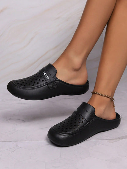 Women's Fashionable Casual EVA Flat Mules, Hollow Out Design With SMILE Pattern Decoration. Made Of One Piece EVA For Comfort, Softness And Breathability. Suitable For All Seasons And Various Occasions Such As Daily Life Or Work.