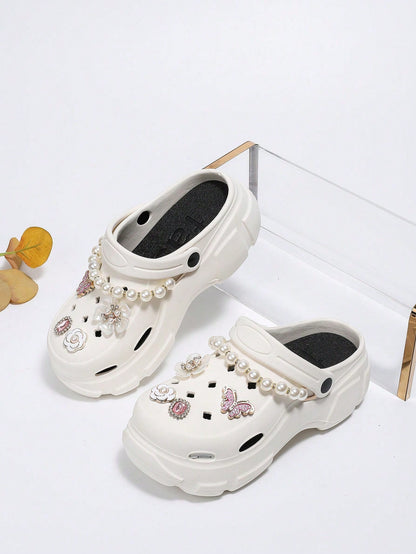 Two Day Delivery Fashionable High-End White Hollow Out High-Heeled Sandals With Removable Chains And Red Butterfly & Small Floral Decor, Ideal For Outdoor And Casual Wear, Perfect For Vacation And College Summer Outfit, Has Wedge Heels, Made Of EVA