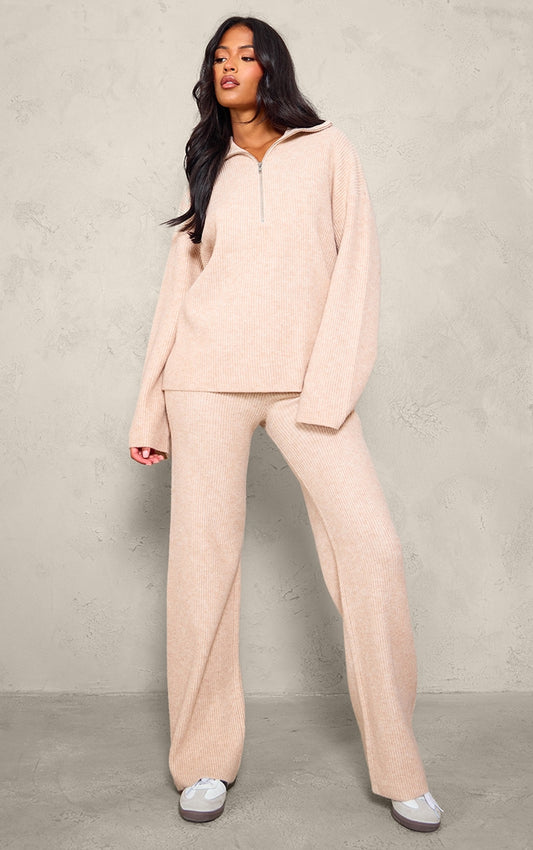 Tall Oatmeal Rib Knit Wide Leg Trousers Next Day Delivery Before 10 pm