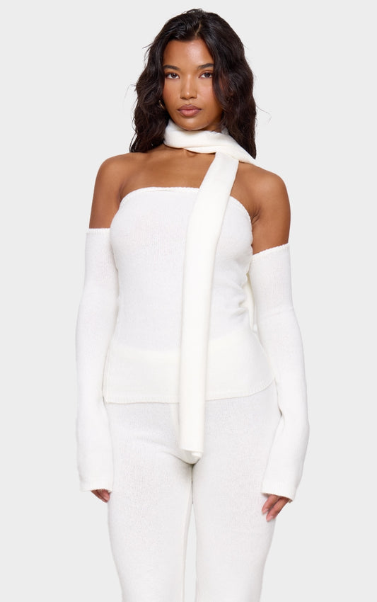 Cream Soft Knit Cold Shoulder Top And Scarf Detail Next Day Delivery Before 10 pm