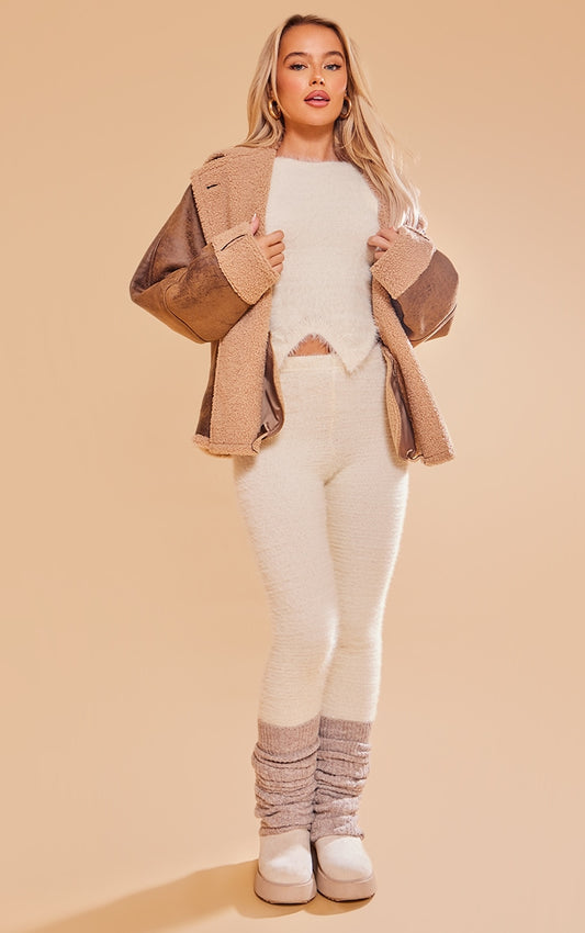 Cream Eyelash Knit High Waist Leggings Next Day Delivery Before 10 pm