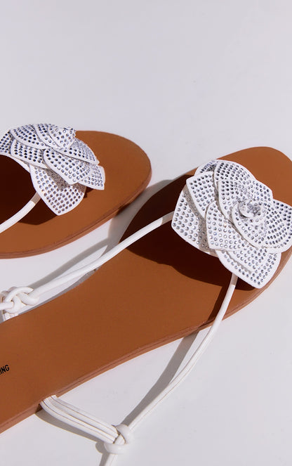 Next Day Delivery Before 10PM Gold Pu Round Toe Diamante Flower Lace Up Flat Sandals