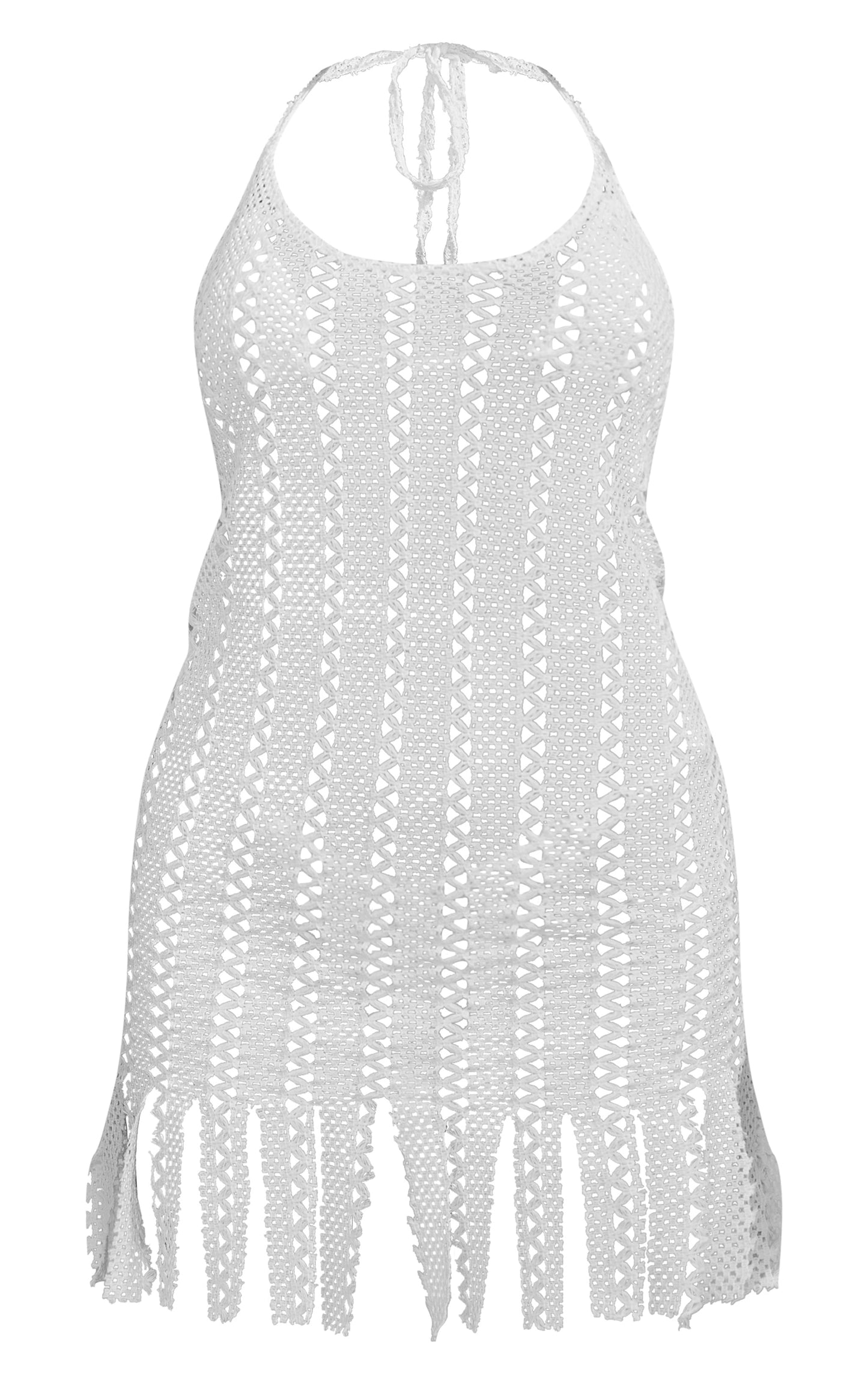 Next Day Delivery Before 10pm  Cream Crochet Halter Neck Tassel Mini Beach Dress