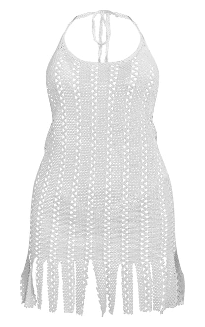 Next Day Delivery Before 10pm  Cream Crochet Halter Neck Tassel Mini Beach Dress