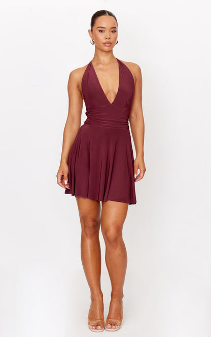 Burgundy Double Layer Slinky Halter Neck Tie Back Shift Dress