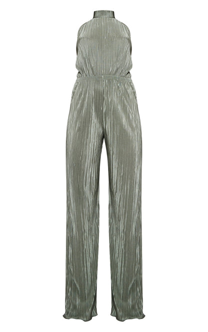 Next Day Delivery Before 10 PM Chic Champagne Plisse High Neck Jumpsuit with Wide-Leg Design