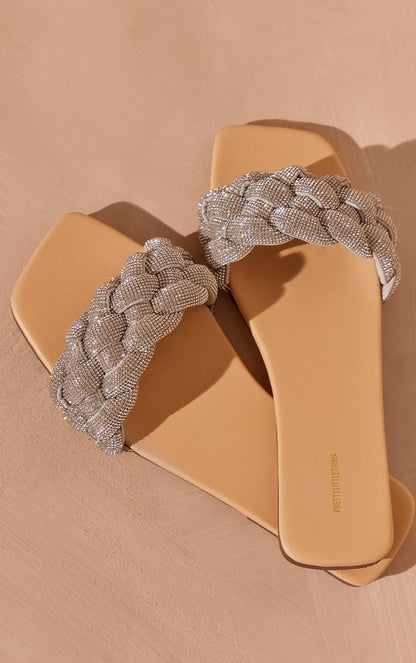 Next Day Delivery Before 10pm Silver Pu Square Toe Diamante Strap Slip On Flat Sandals