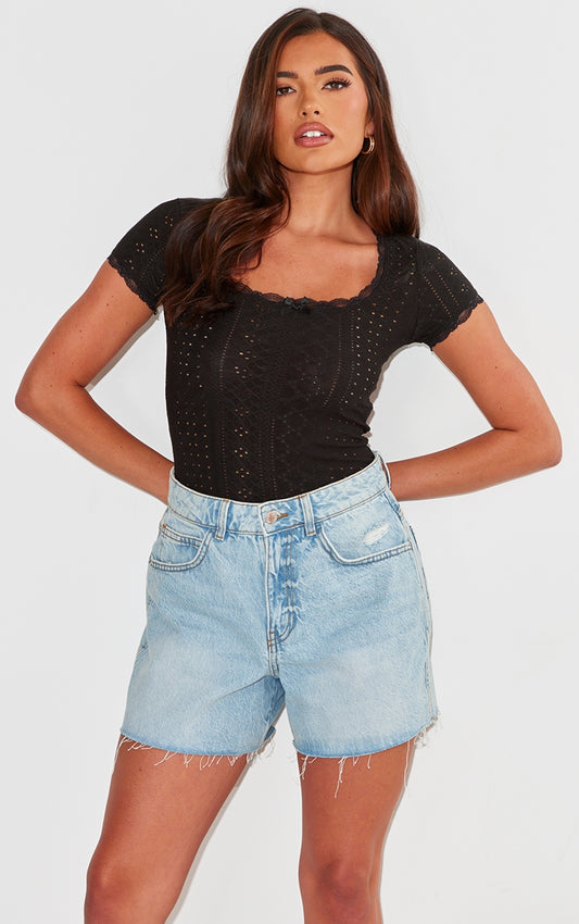 Next Day Delivery Before 10 PM Black Textured Stretch Lace Trim Short Sleeve Bodysuit