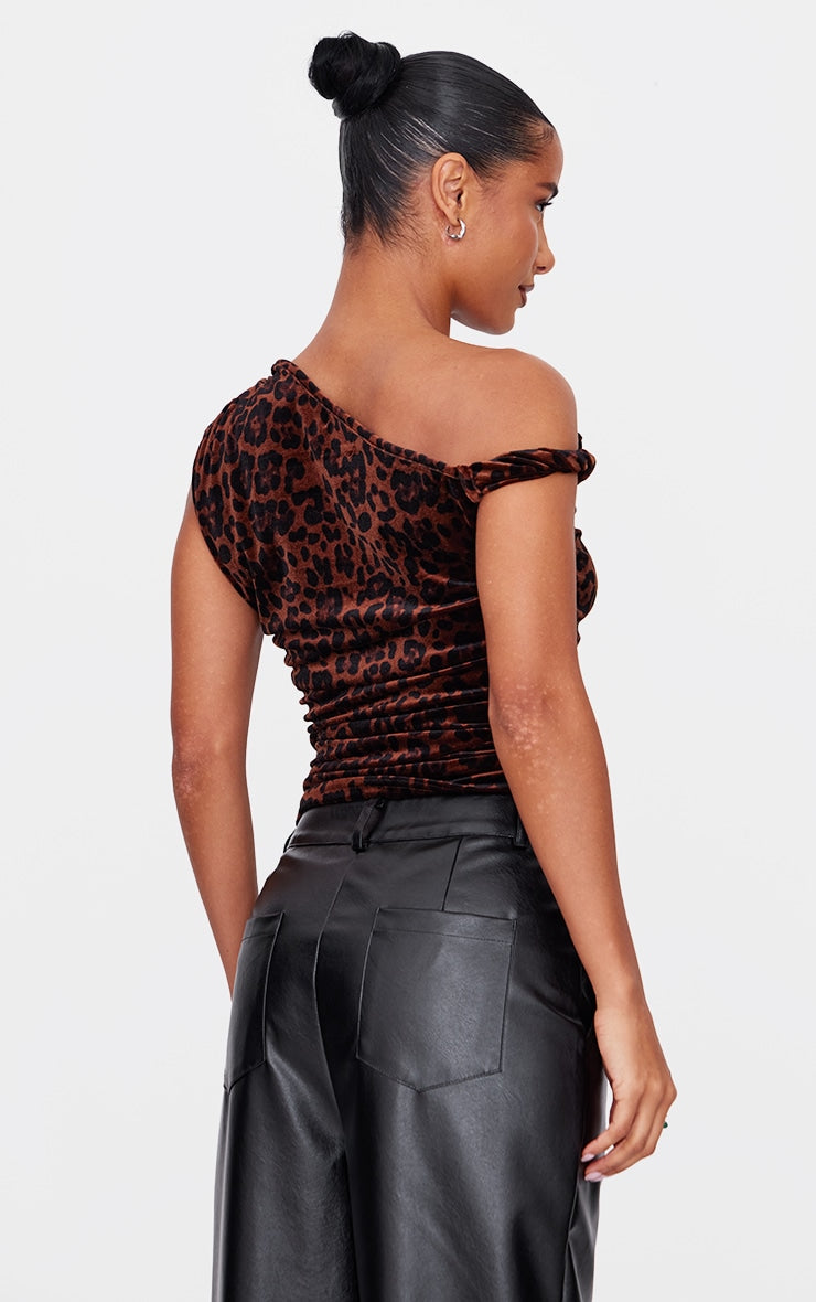 Brown Velvet Leopard Printed Asymmetric Shoulder Detail Long Top Next Day Delivery