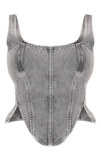 Next Day Delivery Before 10 PM Petite Light Grey Denim Lace Up Corset Top